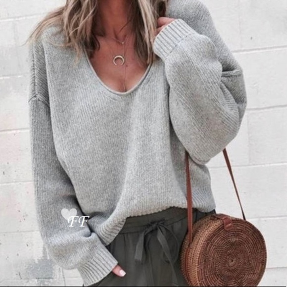 Figleaffashion Sweaters - New Boutique Cozy Slouchy Grey V-Neck Sweater